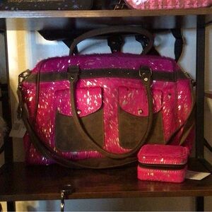 Boho Leather Pink and Brown Weekender Bag & jewelry box NWT